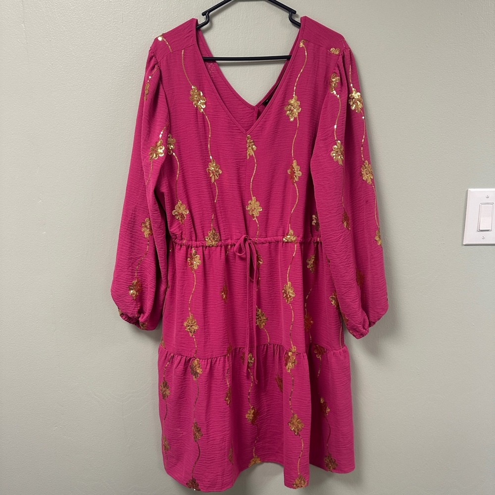Nina Leonard Fuchsia Pink Gold Sequin Floral Tiered Dress XL NWT L0363BF